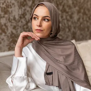 Custom Made Ribbed Jersey Hijab With Stone For Women Fashionable Rhinestone jersey hijab scarf Ethnic
