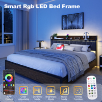 Cadre de lit personnalisé avec éclairage LED, tête de lit en velours, pied de lit en bois et rangement ouvert pour meubles de chambre