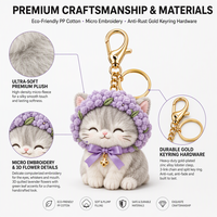 Gantungan Kunci Boneka Kucing Lavender Kustom Abu-abu Dengan Topi Bunga Ungu, Pita Ungu, Bordir Logo Kustom, Kotak Hadiah Mewah