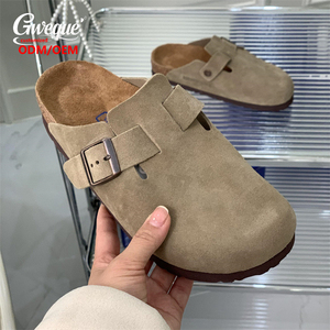 Sabots <span class=keywords><strong>Mules</strong></span> Sandales Plates d'Extérieur Style Birkenstock Allemand Personnalisées pour Femme, en Cuir Véritable et Daim avec Semelle Intérieure en Liège, Sabot Uni avec Fourrure pour Femme - Product Image 2