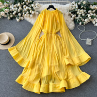 Robe élégante pour femmes en mousseline de soie fuchsia à volants, coupe évasée, manches longues, décontractée, pour les vacances, les fêtes, vêtements pour femmes
