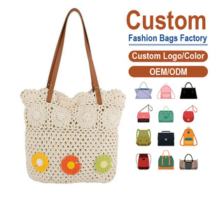 Custom Crochet <b>Shoulder</b> Bag With Flower Decoration Open Closure Summer Women's Tote Bag Two <b>Straps</b> Bohemian Style - Product Image 1