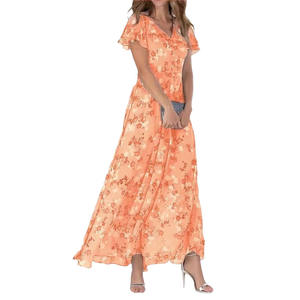 Nouvelle Robe Longue d'Été en Mousseline Florale à Manches Courtes, Style Simple et Doux, Col en V à Volants, Tendance, Taille Cintrée, Fluide - Product Image 3