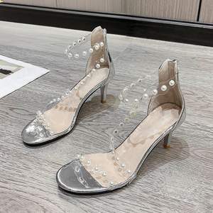 Sandales à talons hauts pour femmes, tendance, polyvalentes, confortables, style français, transparentes, avec perles, pour l'été - Product Image 5