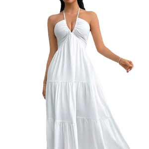 Abito lungo estivo <span class=keywords><strong>bianco</strong></span> da donna con scollo all'americana e <span class=keywords><strong>schiena</strong></span> <span class=keywords><strong>scoperta</strong></span>, con fiocco sul retro, senza maniche, per vacanze al mare - Product Image 1