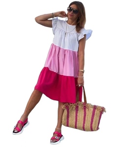 Vestido de Talla Grande para Mujer con Costuras Tricolor, Cuello Redondo, Mangas Volantes, Estilo Bohemio para Playa, Verano - Product Image 3