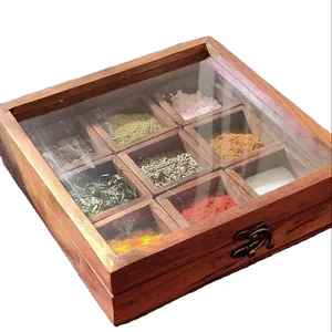 Caja de especias de 9 secciones de madera con mesa de bloqueo antigua y caja de madera de cocina para especias Masala
