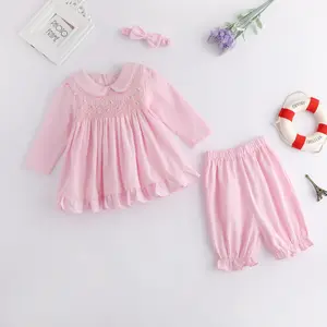 Individuelles Mädchenkleid langärmliges Set handgefertigtes Smock-Kindekleid und -Hose mit Kopfknoten 3-teiliges Set Kleinkind-Bekleidungs-Set