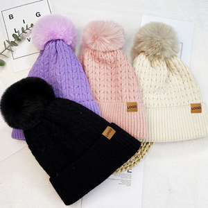 <strong>Pom</strong> <strong>Beanie</strong> Hats With <strong>Custom</strong> Logo Embroidery Knitted Winter Hats Acrylic - Product Image 1