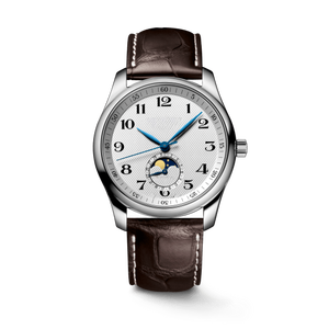 Men’s Round <b>Automatic</b> Dress Watch with Moon Phase Polished Stainless Steel Case Crocodile-Embossed Leather Strap Longinesing - Product Image 1