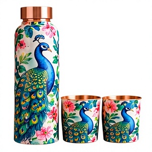 Juego de Botellas de Agua de Cobre con Diseño Floral de Pavo Real, Herméticas, con Dos Tazas y Tapa de Cobre, 3 Piezas, Ecológicas - Product Image 1