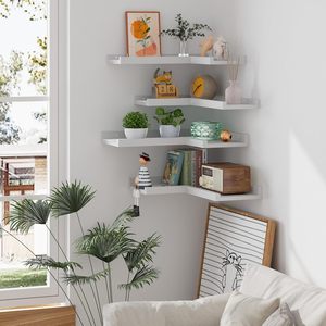 Estantes de Pared de Esquina Modernos de 4 Niveles, Color Blanco, Estantes Flotantes de Madera con Borde, <span class=keywords><strong>Estante</strong></span> de Esquina en Forma de L <span class=keywords><strong>para</strong></span> Sala de Estar - Product Image 5