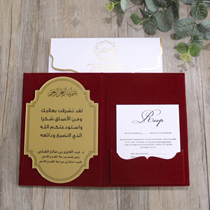 Venta caliente de lujo de tapa dura Borgoña <span class=keywords><strong>rojo</strong></span> azul marino terciopelo RSVP folleto de bolsillo espejo dorado acrílico invitaciones de boda - Product Image 6
