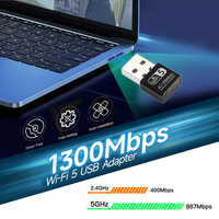 Adaptor WiFi USB Mini AC1300Mbps, Dual Band 2.4G 5G 1300Mbps Kartu Jaringan Nirkabel WiFi 5 USB Dongle untuk Desktop Laptop