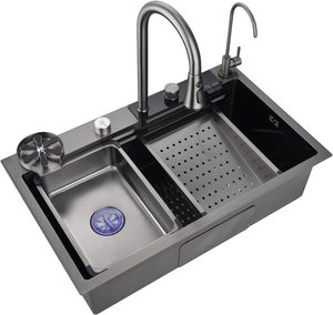 Évier de cuisine simple en acier inoxydable SUS304 avec robinet cascade à affichage numérique et éclairage, multifonctionnel pour le rinçage des verres - Product Image 1