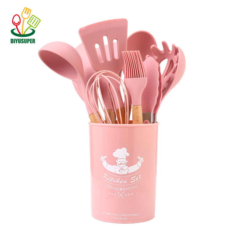 Wooden Handle Kitchen Gadgets Utensils Set Non-Stick Kitchen Cooking set 12 piece silicone kitchen utensils set with holder