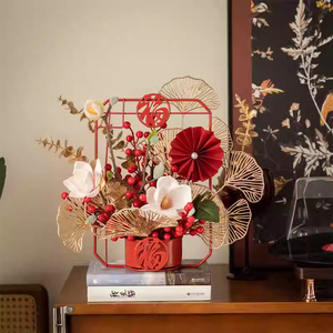 Arreglo Floral Artificial con Base de Metal Roja, Flores de Seda, Decoración de Año Nuevo Chino, Decoración Interior para el Hogar - Product Image 1