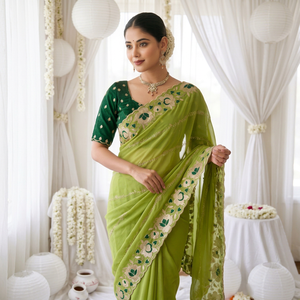 AARA Fashion Saree en soie vert brodé avec chemisier, protection solaire, tenue de mariage, sari indien traditionnel pour femme, longueur au sol - Product Image 1