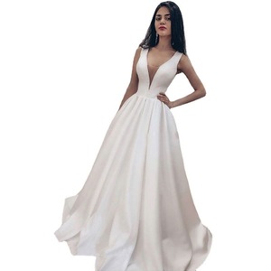 White Minimalist Satin V-Neck A-Line Wedding Dress Natural Waist Simple Solid Color Elegant Bridal Gown - Product Image 3