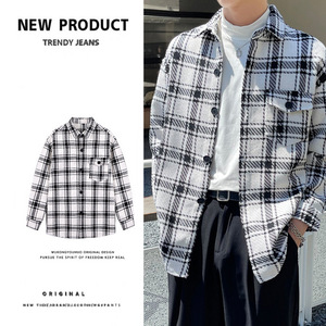 Camicia da uomo a quadri bianchi e neri di alta qualità, a maniche lunghe, primaverile e autunnale, elegante, spessa, per il tempo libero, taglie forti - Product Image 4