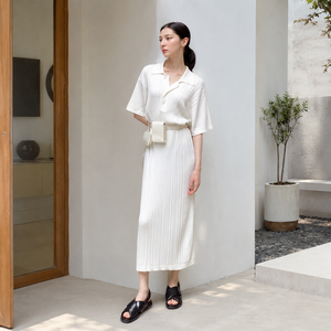 Hot Selling Elegant White Polo Collar Short Sleeve Vertical Rib Knit Midi <b>Dress</b> <b>Loose</b> Waist Tie Elegant Daily Women <b>Dress</b> - Product Image 4