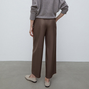 Pantalon en similicuir PU pour femme, taille haute, coupe droite, marron, style business décontracté, longueur cheville, finition mate - Product Image 2
