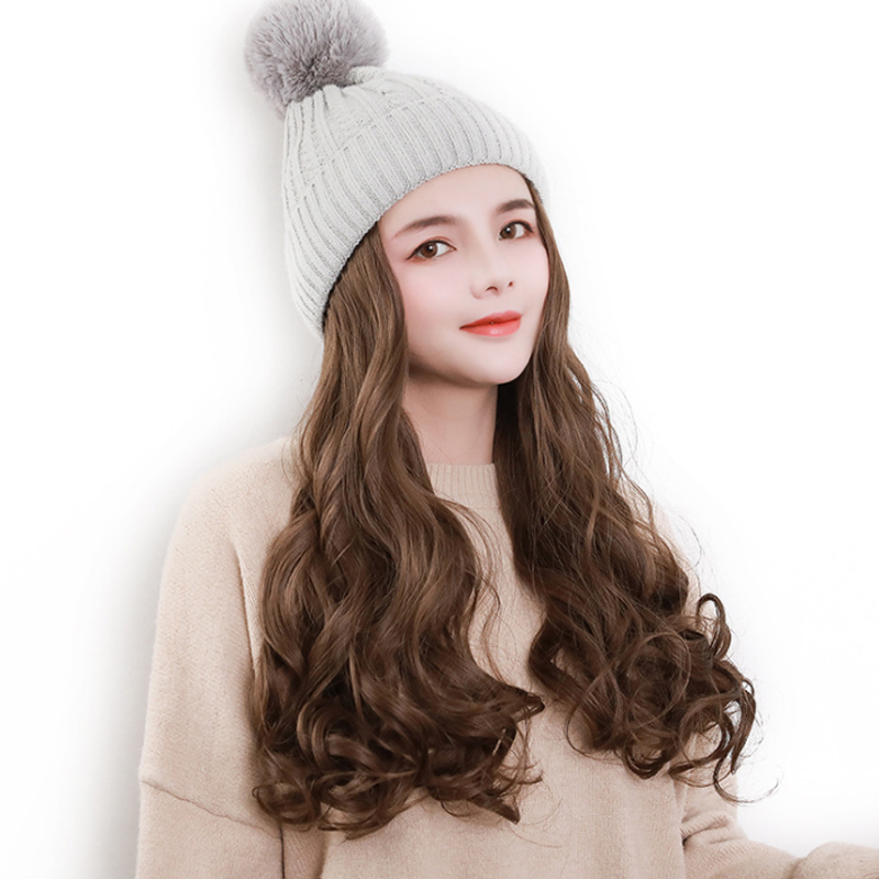 Wig Female Detachable Hat Wigs Autumn Winter Big Wave Long Curly Hair Knit Cap Women Hats Wig Cap