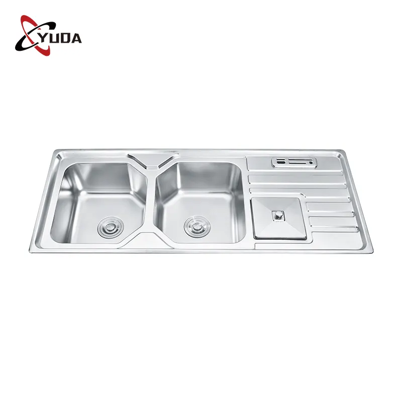 Fregadero de cocina de acero inoxidable de doble cuenco con bandeja