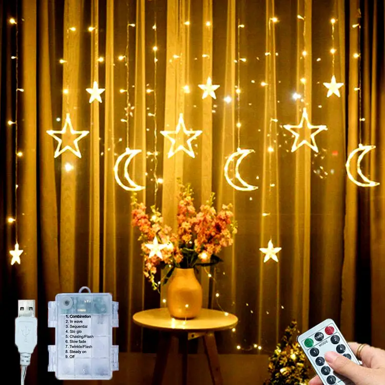 Eid Mubarak decorare 3.5m 138LED tenda stella luna luci stringa caldo bianco matrimonio Ramanda Diwali illuminazione per le vacanze