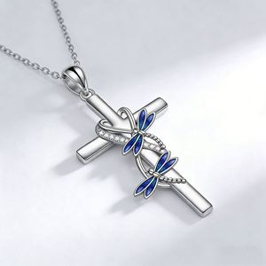 Female Crystal White Blue Zircon Stone Butterfly Cross Pendant Necklace Earrings Vintage Silver Color Wedding Jewelry for Women - Product Image 5