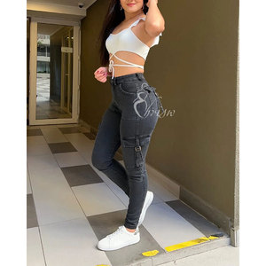 Jeans cargo skinny extensible uni taille haute avec poches Jeans personnalisés pour femmes Pantalons en denim pour maman Taille plus grande Jeans colombiens Taille moyenne - Product Image 6