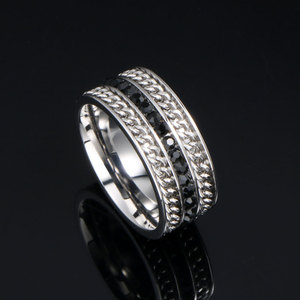 <b>Titanium</b> Steel <b>Ring</b> Chain Pattern <b>Black</b> Stones Channel Setting Men's Fashion <b>Ring</b> SA1014 - Product Image 3