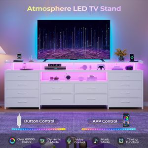 Meuble TV de salon avec étagères, <span class=keywords><strong>commode</strong></span> <span class=keywords><strong>longue</strong></span> blanche avec 12 tiroirs en tissu, lumières LED et station de charge - Product Image 4