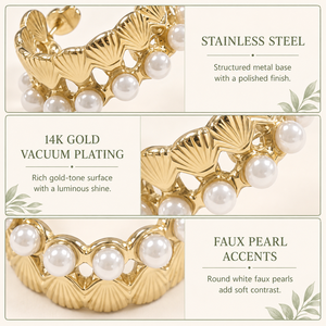 Boucles d'oreilles créoles en forme d'éventail avec fausses perles dorées, en acier inoxydable texturé coquille, plaqué or 14K sous vide - Product Image 4