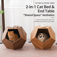 Lit pour chat minimaliste en bois style ours en peluche, meuble polyvalent en bois massif pour salon, niche polygonale respirante pour chien