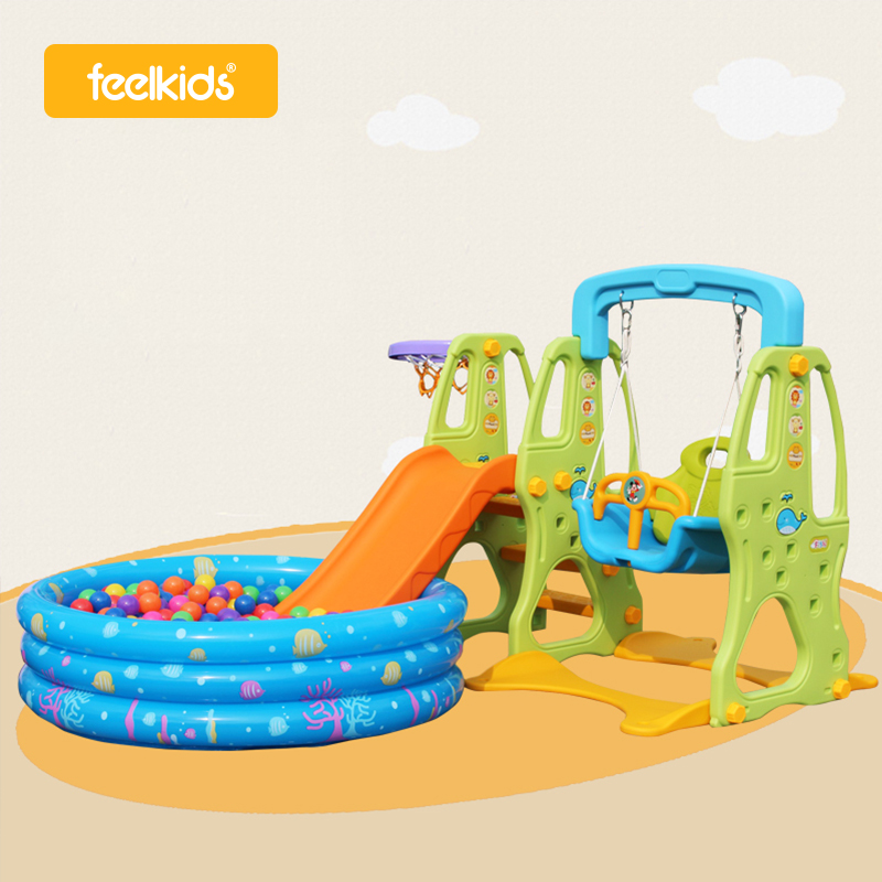 Feiqitoy, легкая сборка, горячая Распродажа, пластиковая детская горка с качели и баскетбольным комплектом