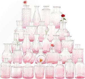 Vases à bourgeons en verre Ensemble de 30 Vases à bourgeons roses en vrac Mini bouteilles décoratives vintage Pièce maîtresse florale moderne pour mariage de fleurs - Product Image 1