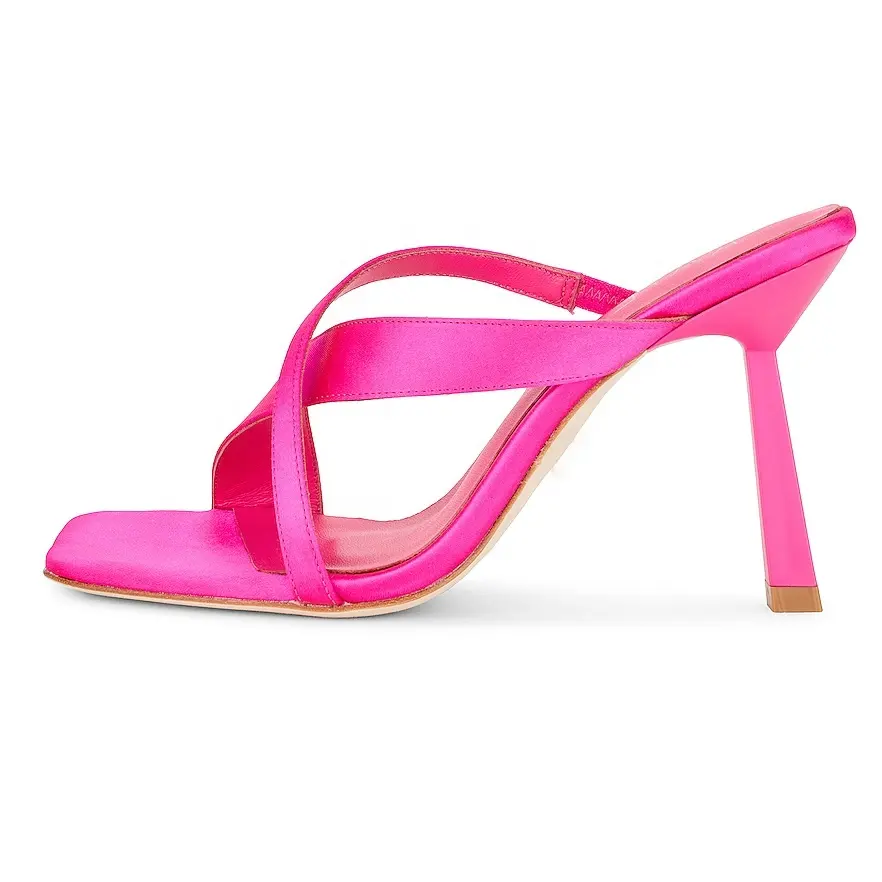 Cheap price womens slippers Enmayer wholesale custom hot pink satin square toe ladies sandals low heel womens mules