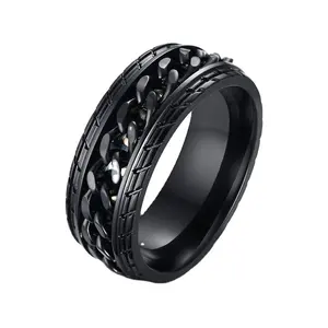 Custom Stainless Steel Tire Pattern Jewelry Wholesale Punk Men Waterproof Rotatable Gear Finger Ring Black Spinner Chain Rings