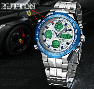 Orologio da uomo Wwoor 8019 con display digitale a LED, movimento al quarzo, allarme analogico, data automatica, giorno della settimana, luminoso, calendario completo, retroilluminazione. - Product Image 4