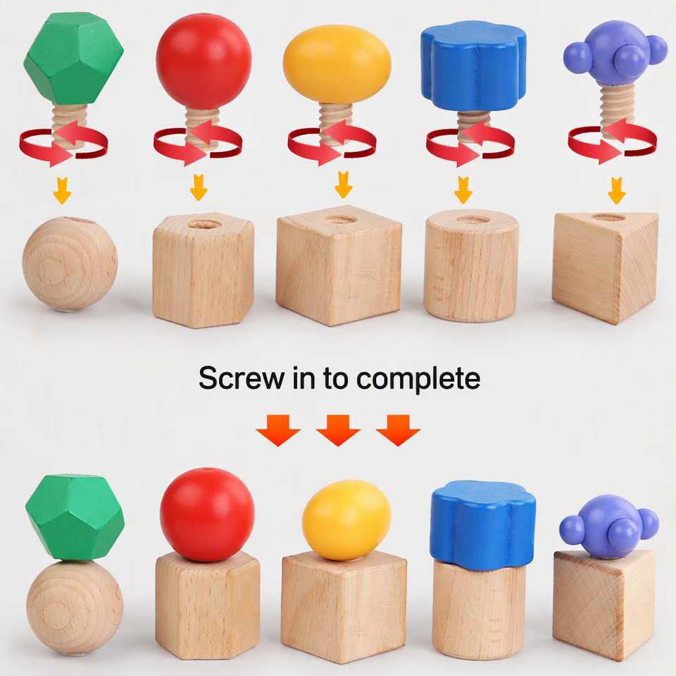 Beechwood Threaded Shape Assembly Toy Screw Turning Nut Tightening ...