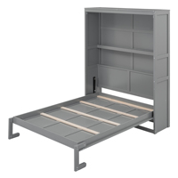 Lit mural Murphy gris pleine taille avec étagères intégrées, lit pliable gain de place pour chambre d'amis