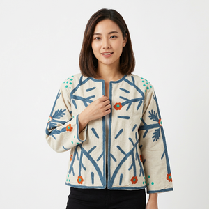 New Trending Duck Suzani Embroidery Chinese Style Block Print Quilted Knitted Cotton Free <b>Jacket</b> Indian Handmade Women's Stand - Product Image 1