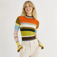 Pull tricoté rayé coloré coupe ajustée col rond pour femme – Collection automne