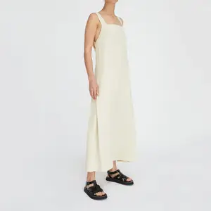 Custom Summer Women Lounge Wear Cotton Low Cut Vacation Clothes Square Collar Solid Slip Linen Sleeveless Maxi Dresses