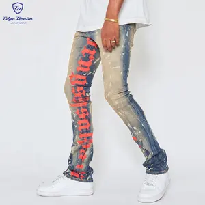 2022 OEM Plus Size Mens Plain Denim Cotton Stack Bottom Wholesale Private Label Custom Distressed Ripped Men Stacked Jeans Pant