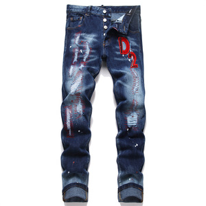 <span class=keywords><strong>Jeans</strong></span> Slim da Uomo a Vita Media Blu Strappati con Patch Ricamate Stile Gotico Vintage Hip Hop con Motivi Leopardati e Rivetti a Diamante per l'Inverno - Product Image 1