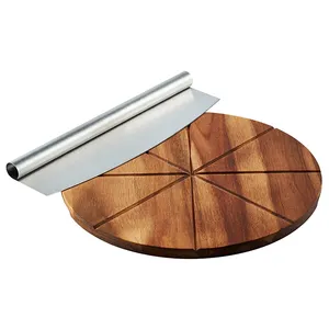 Cortador y tablero redondo para servir Pizza, juego de regalo, rebanador de alimentos profesional de acero inoxidable con tablero de madera de acacia de 13,5"