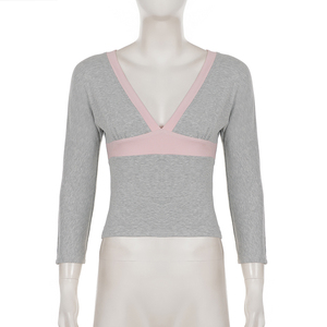 T-shirt court décontracté pour femme, style américain, color block, col en V, taille cintrée, manches mi-longues, style INS, polyvalent et basique - Product Image 6