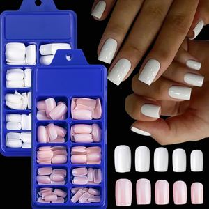 100 <span class=keywords><strong>Uñas</strong></span> Postizas Acrílicas Color Rosa Claro, Diseño Cuadrado Corto y Mediano, Reutilizables, Cobertura Completa para Dedos <span class=keywords><strong>de</strong></span> Mujeres y <span class=keywords><strong>Niñas</strong></span> - Product Image 1